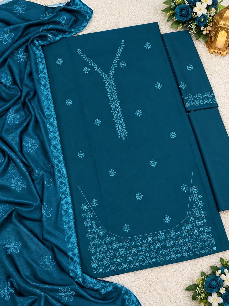 Original teal Dhanak fabric, embroidery and dupatta
